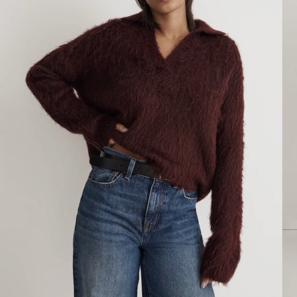 Madewell Alpaca Wool Brushed Polo Fuzzy Shaggy Textured Sweater Women L Burgurdy